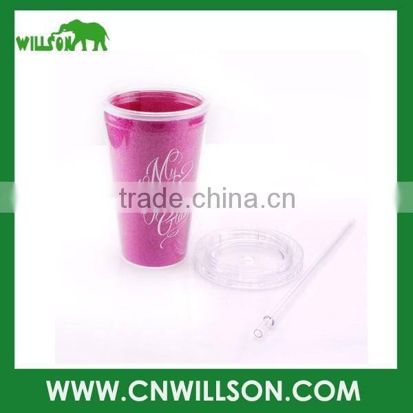 double wall drinking coffee plastic cup with straw