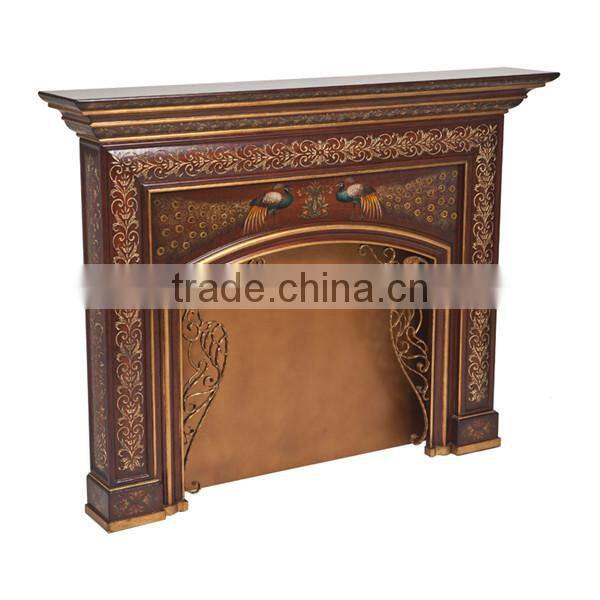Vintage Carved Wooden Mantelpiece Fireplace, Elegant Freestanding Solid Wood Fireplace Mantel, Decorative Fireplace With Mirror