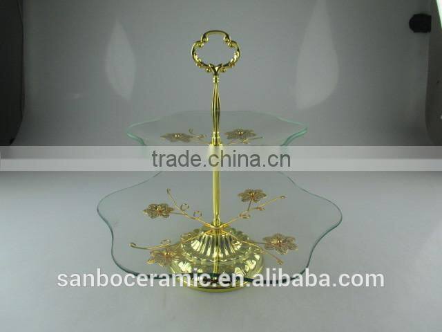 Wholesale glass cake stand, two tier golden glass cake stand with flower decoration