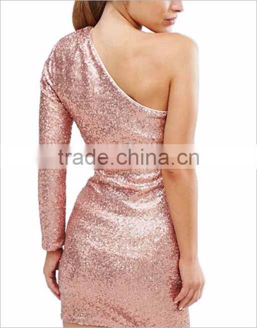 new fashion design hot sale one shoulder elegant maxi gold sequin mini dresses cocktail dress