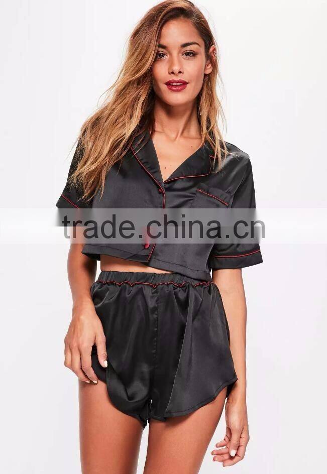 Black Satin Pyjamas Set Button Fastening Fit Crop Shirt With Piping Back Floral Applique And Elasticated Shorts
