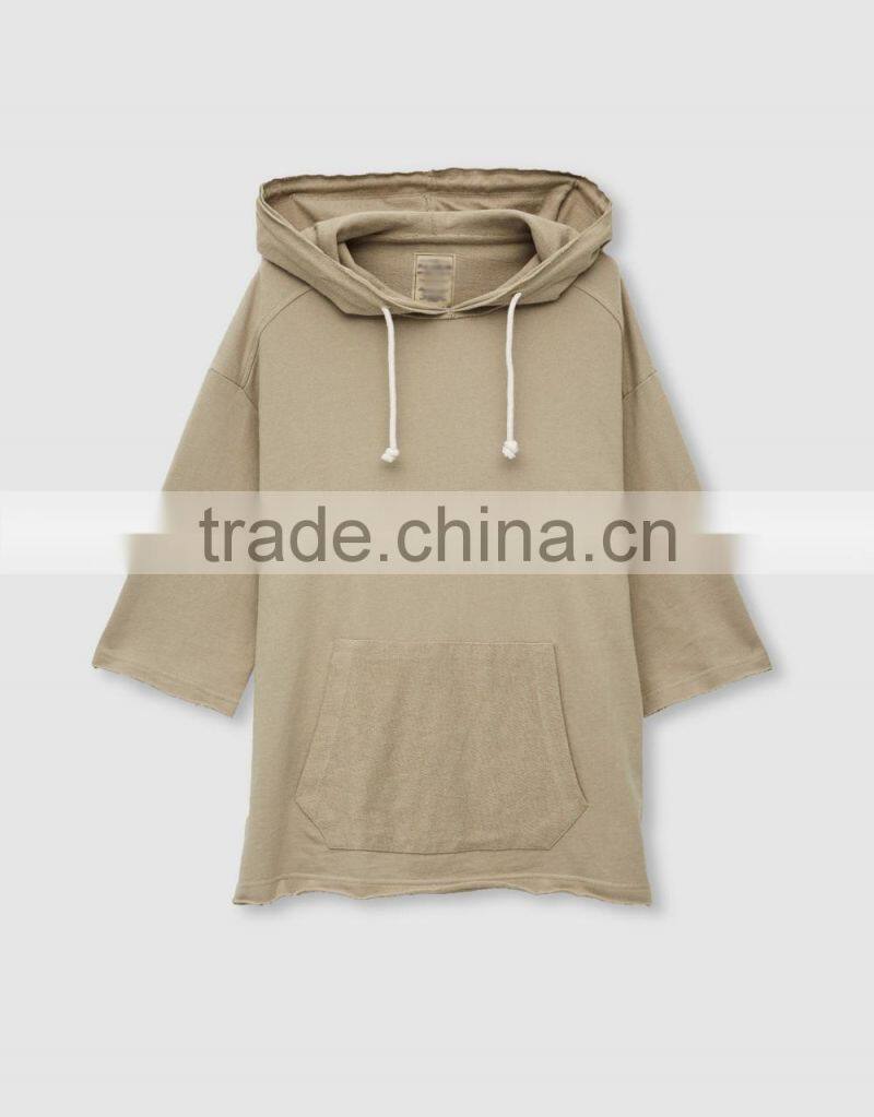 100% Cotton 3/4 Cropped Sleeves Men Blank Pullover Hoodie With Pocket
