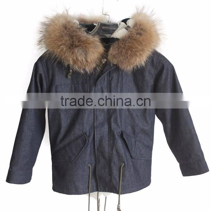 Myfur Latest Design Kids Jeans Parka With Sheep Shearing Fur Lining And Raccoon Fur Hooded Parka for Children