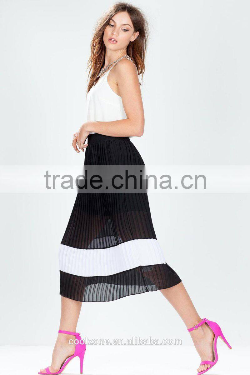 Fashion pleated colorblock midi skirt/wide simple design skirts 2015