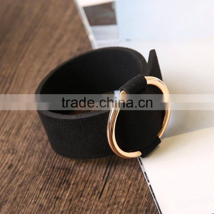 Wide Black Punk Leather Bangle Bracelet with Adjustable Gold/Silver Loop Circle for Lady