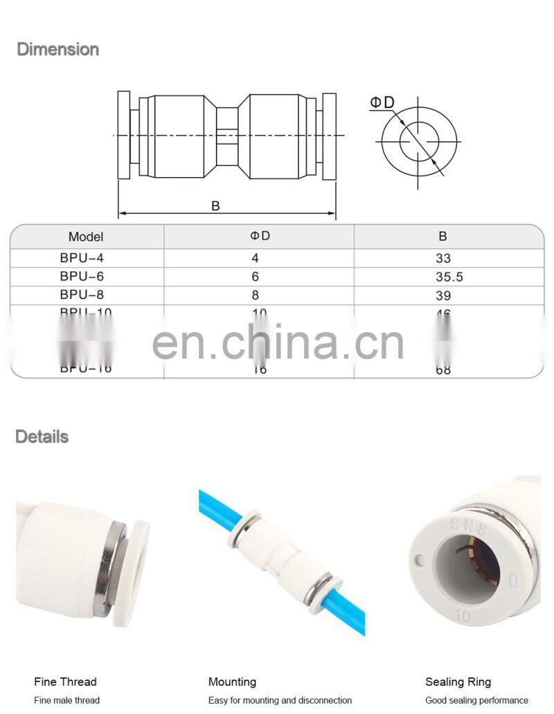 SNS BPU Series straight plastic pneumatic fitting push in air fitting union air hose quick connector