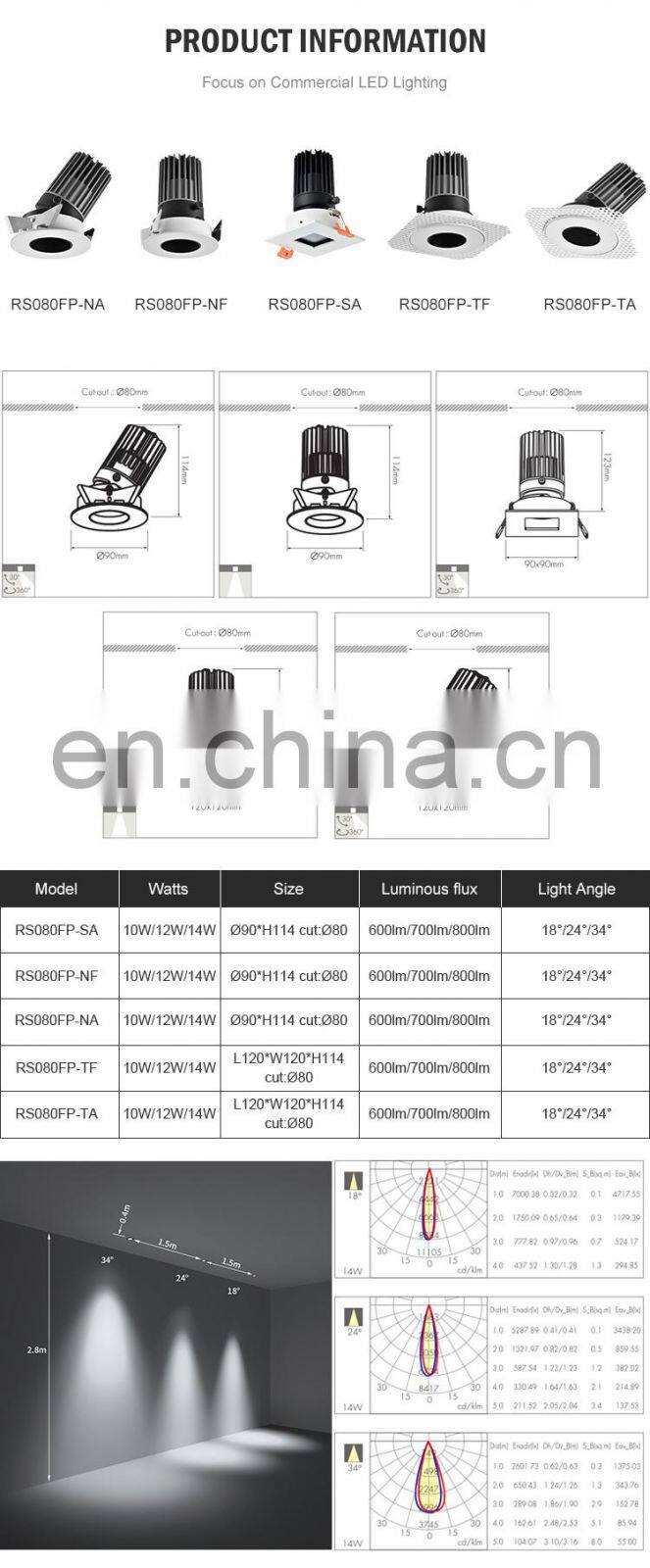 New Design Aluminum Recessed Mounted Cob Indoor Living Room Bedroom Mini 10 12 14W Led Spotlight