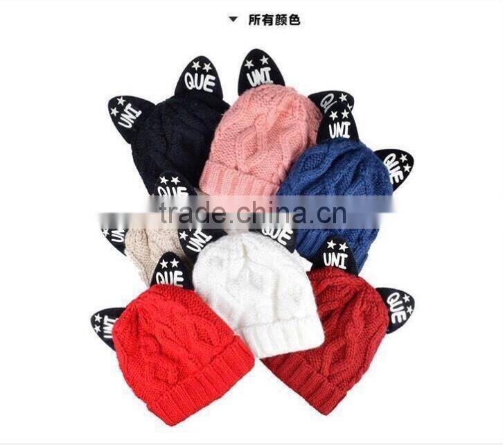 Unique Printed Cat Ear Decorated Polar Fleece Inside Twisted Knitting Women Girls Hat