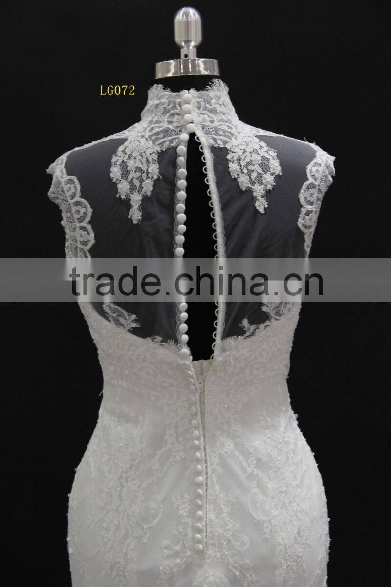 high neckline french lace collar with buttons mermaid wedding dress