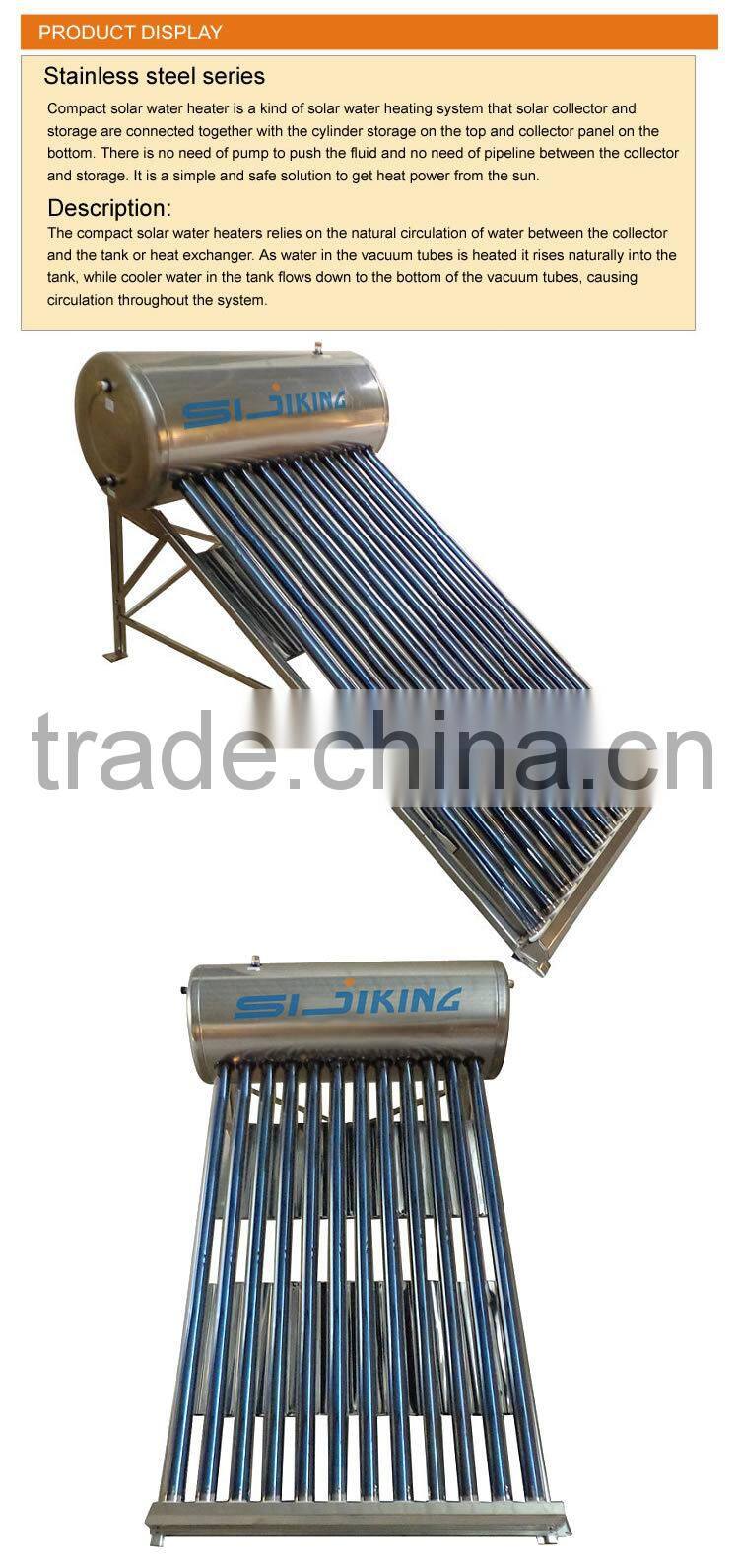 Compact Non-Pressured Solar Water Heater Stainless Steel
