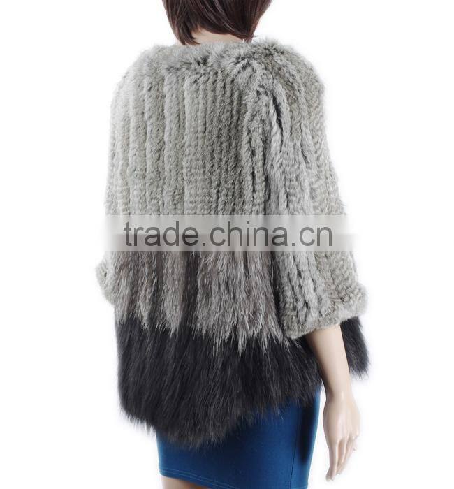 Hand knitted women fur coat knitted fox rabbit fur coat KZ150106