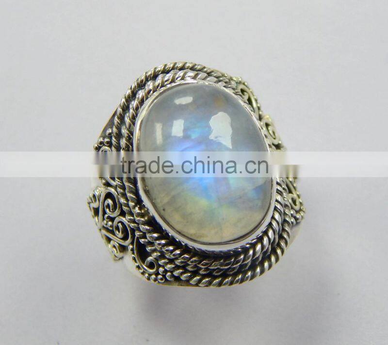 Natural smooth rainbow moonstone ring 92.5 sterling silver jewellery