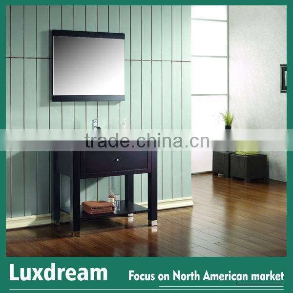 ADA hotel bathroom vanity with wood shelf