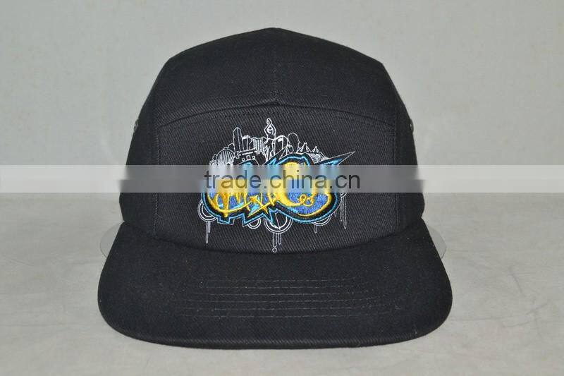 Guangzhou hat factory professional custom 5 panel 100% cotton embroidery + print logo Flat brim hat