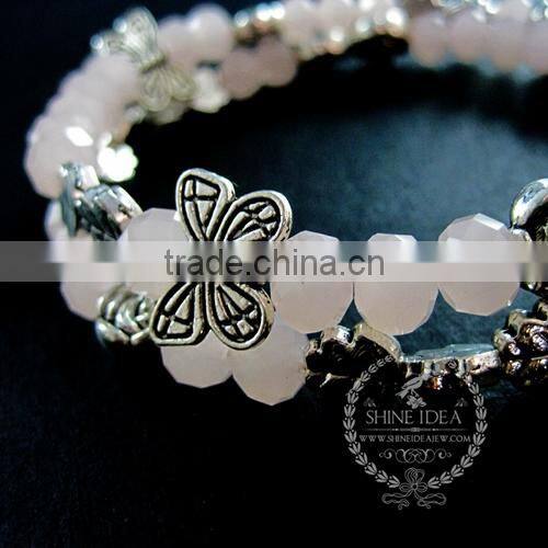 vintage antiqued silver rose leaf bird ice pink glass beads 2 layers women fashion wiring bangle bracelet jewelry 6490049