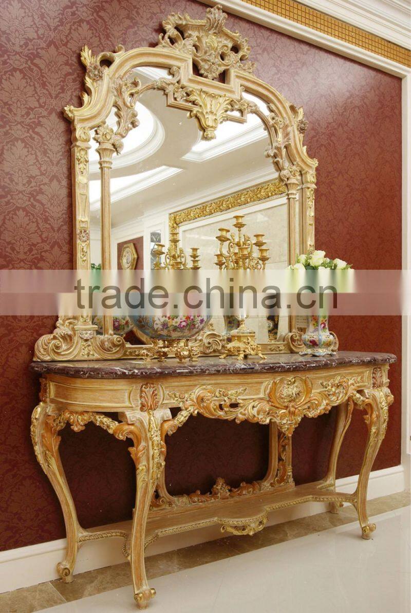 French White Louis Style Console Table with Mirror, Antique Classical Gilded Hallway Console Table/ Ellegant White Side Table