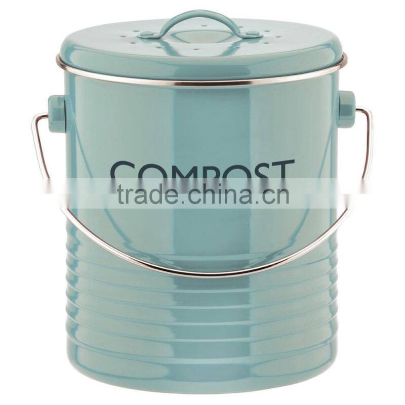 New cream power coated metal compost bin with red lid