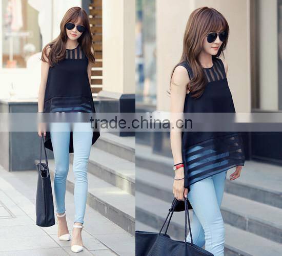 Blusas Femininas 2015 Summer Black Tulle blusa Women Blouses Ladies clothing organza sleeveless striped chiffon Blouse