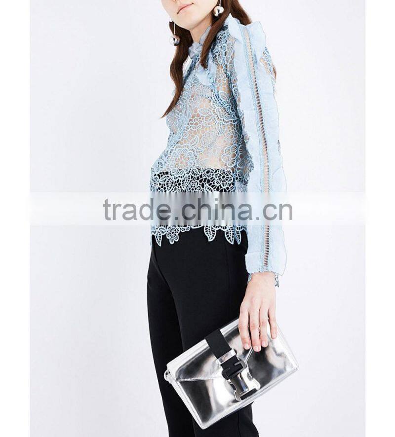 Wholesale High Neck Long Raglan Sleeves Floral Lace Frill-detailed Cutout Lace Top(DQE0188T)