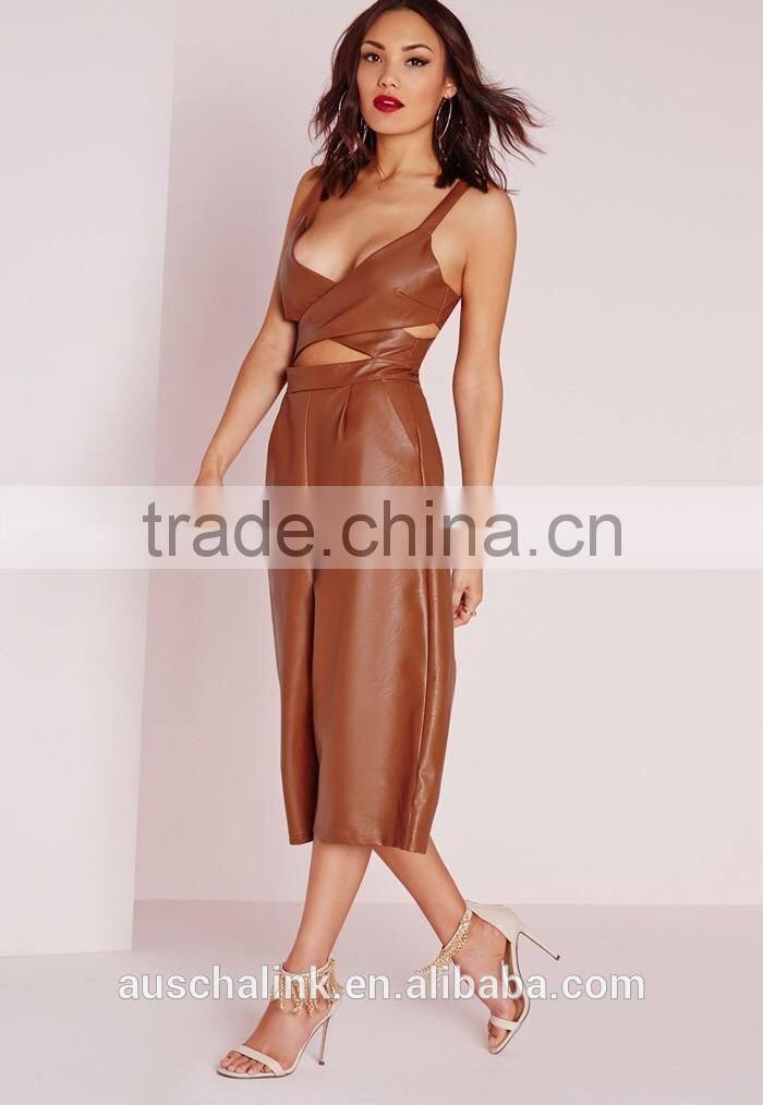 unique design lady sexy faux leather cut out culotte jumpsuit