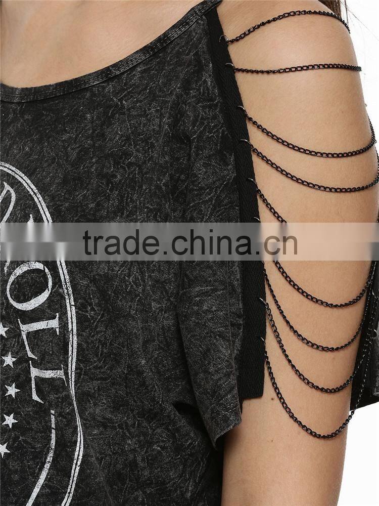 2015 new stylish girls personalized chain string sleeve t shirt, short sleeve black t shirt