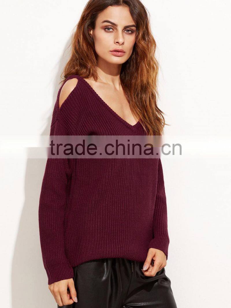 Custom V Neck Cold Shoulder Burgundy Sweater Cotton polyester Blends Drop Shoulder Sweatshirt