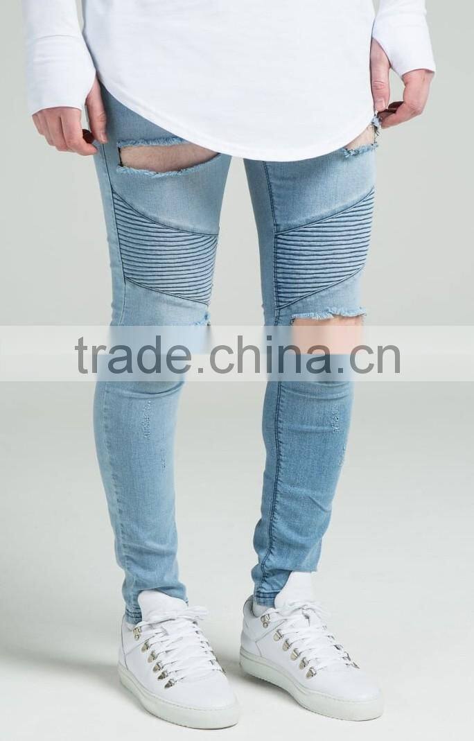 Hot Fashion High Quality Designer Heavy Scratch Raw Denim Mens Skinny Denim Biker Jeans