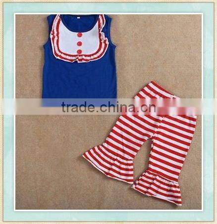 Baby girl silicone clothing set bule sleeveless top big ruffle pan turkey wholesale children outfit clothes