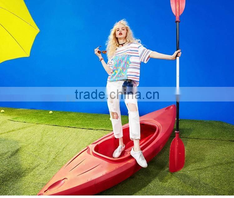 Womens short sleeve stripe front printing t-shirt with custom logo