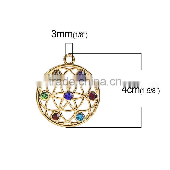Zinc Based Alloy Yoga Healing Pendants Round Gold Plated Multicolor Rhinestone