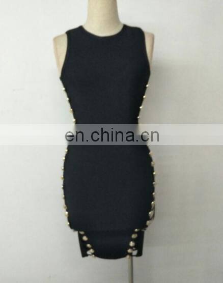 Amigo 2017 new style black sleeveless beaded sexy bandage dress midi elegant evening dresses for women party wear