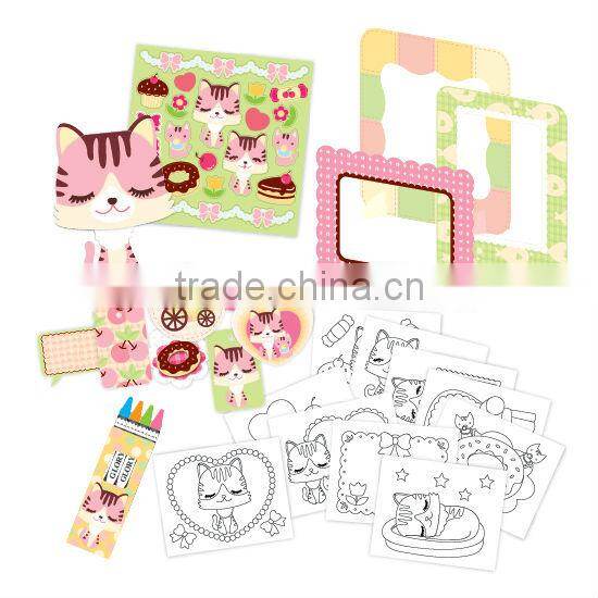 Kids Gift Stationery Photo frame Crayon Sticker Note pad Kitty Cat Animals Mini Coloring Activity kit Drawing set