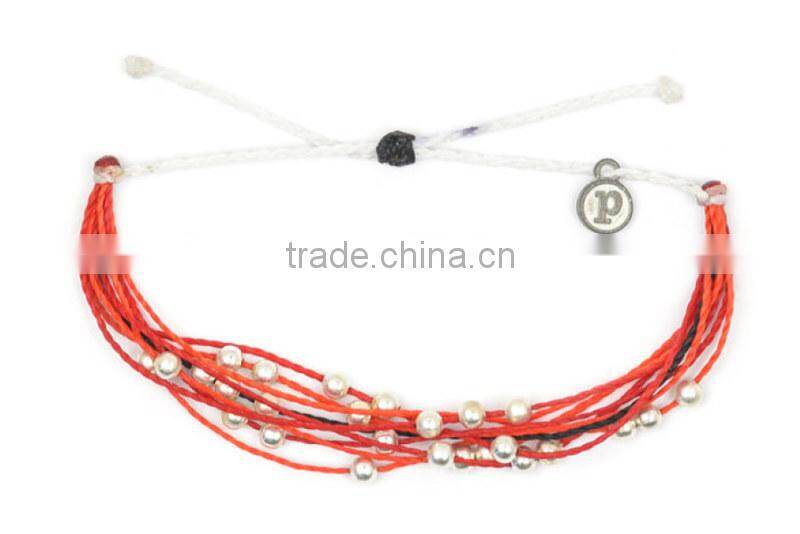 hot new many layers red wax cord knot bracelet with copper beads for luck girl