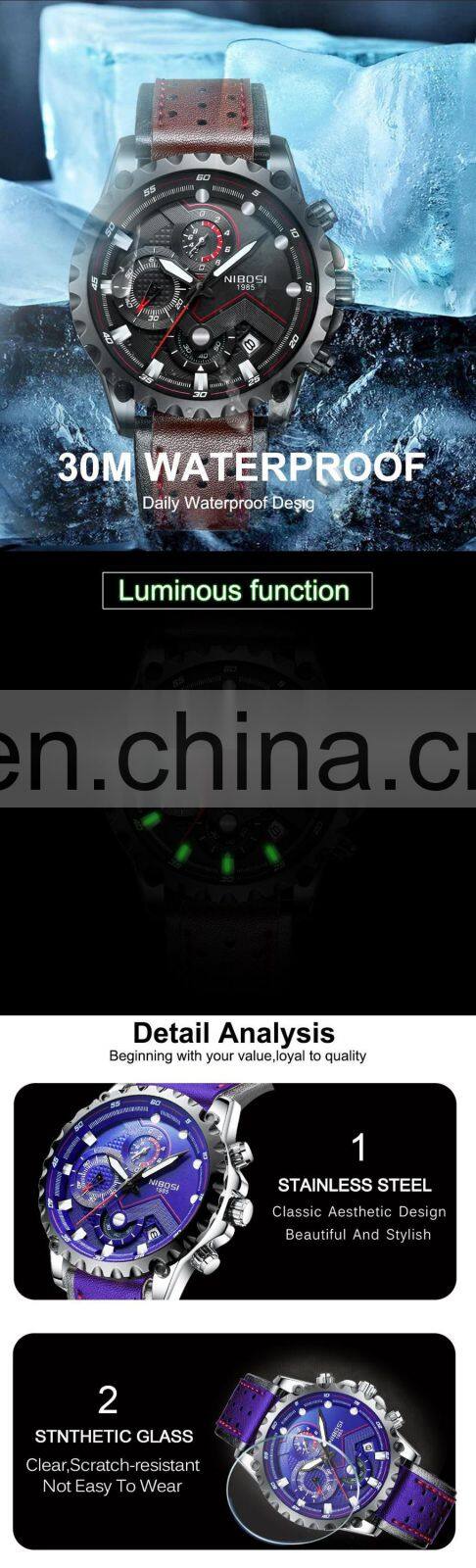 NIBOSI Quartz Watch Men Blue Casual Fashion Chronograph Mens Watches Top Brand Luxury Big Dial Watch Relogio Masculino