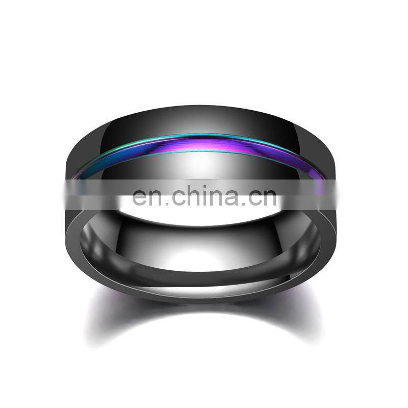 Black Ring for Men Women Groove Rainbow Stainless Steel Wedding Bands Trendy Fraternal Rings Casual Male Jewelry