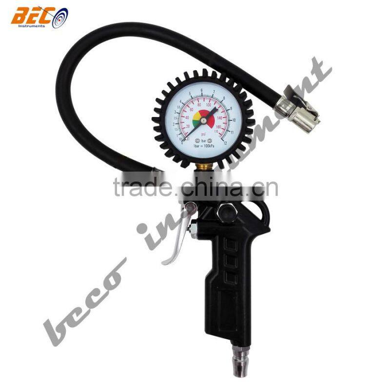 BECO portable air compressor tire inflator with dial pressure gauge