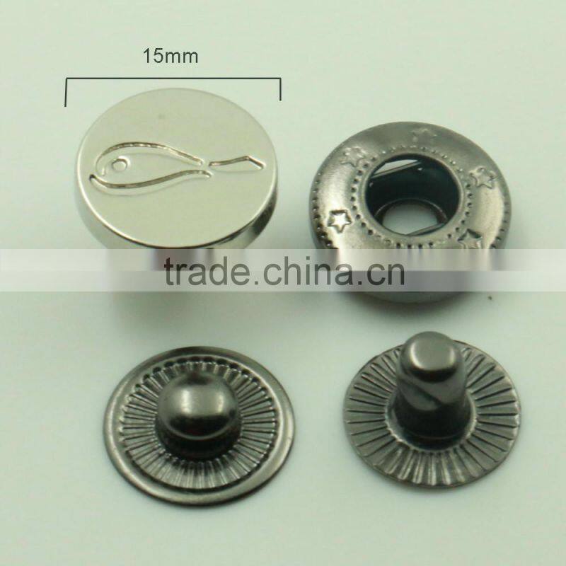 Custom logo zinc alloy 15mm flat plating technics metal press snap button for bags