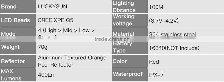 LuckySun 304 stainless steel mini LED flashlight in led flashlights 16340 torch light rechargeable battery