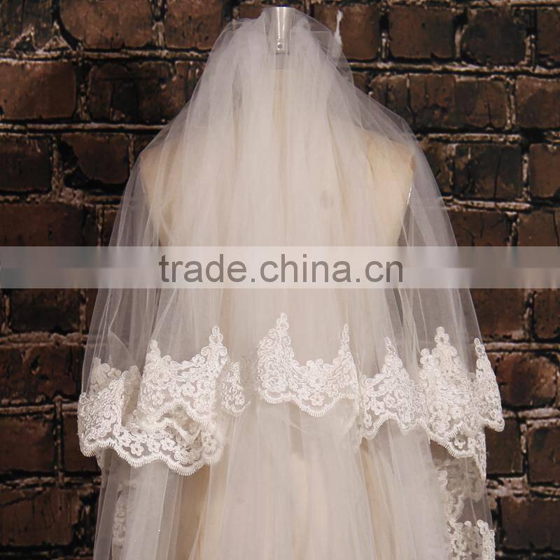 BV1002 New Arrival Elegant Ivory Veil Of Bride Lace Purfle One Layer 2015 Wedding Long Veils