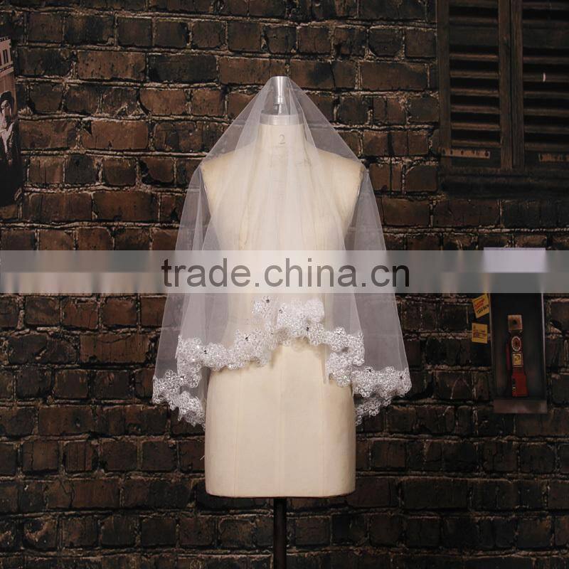 BV1009 2015 New Real Photo Simple Short Wedding Veil Lvory One Layer Lace Purfle Bride Veil