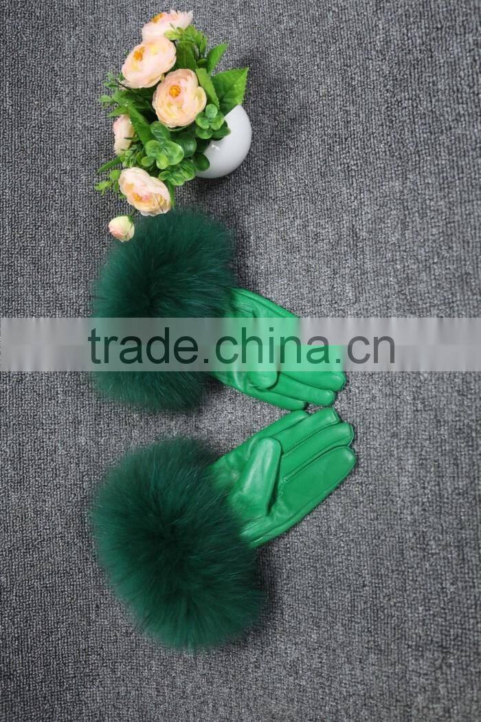 women classic elegant raccoom fur cuff trim sheep leather gloves