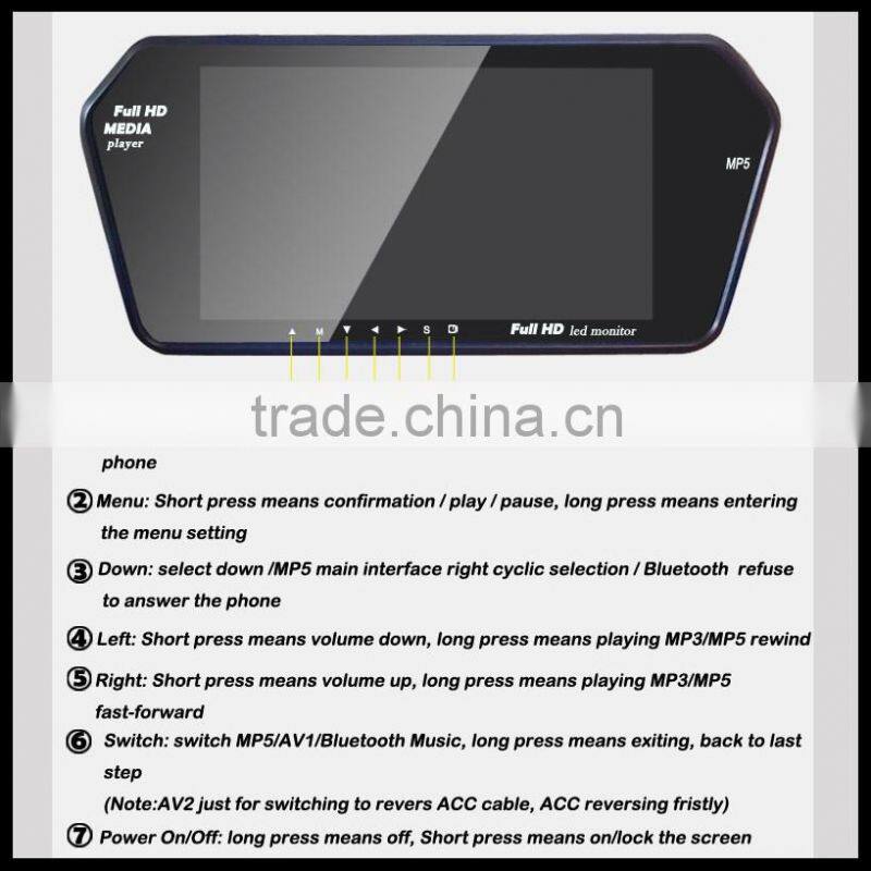 7 inch TFT Touch screen Color Car Rearview Mirror Monitor MP5 player