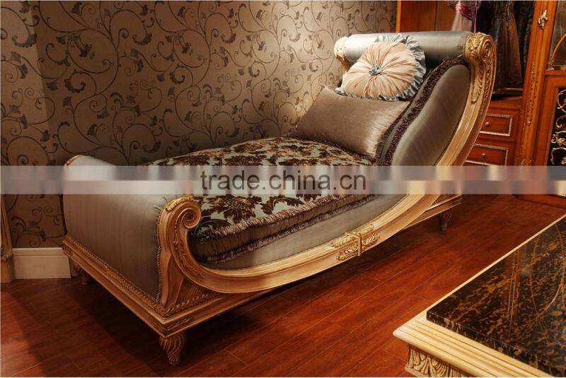 French Elegant Style Wooden Living Room Chaise Lounge/ Antique Purple Fabric Carving Reclining Chair