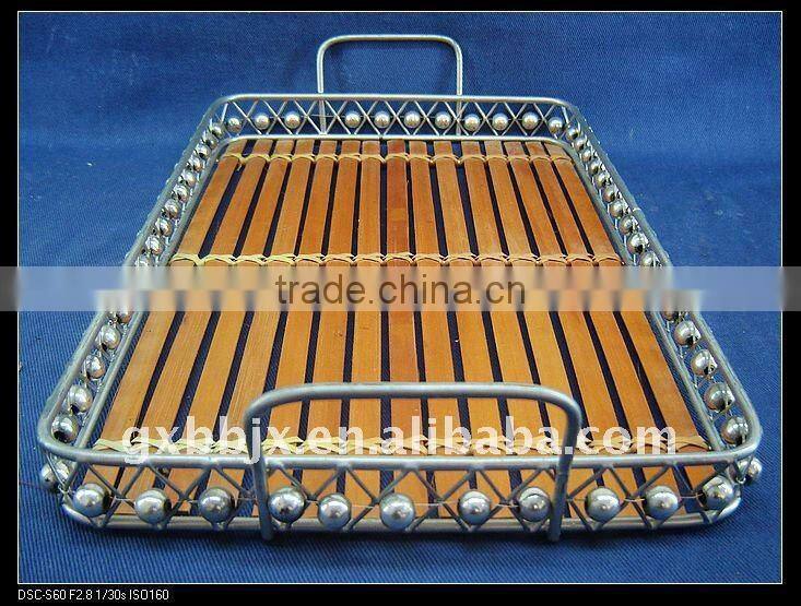 Bamboo wire storage flatware caddy plate with ear handle