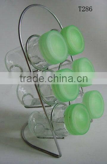 colorful cylinder glass 6 jars spice rack set with colorful plastic lid