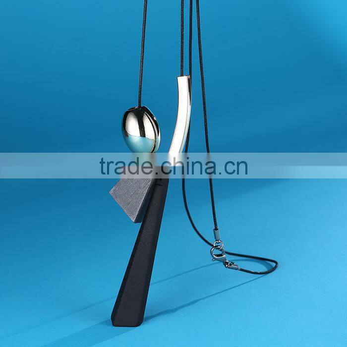geometric wood bead pendant necklace gold curved tube bead black chain necklace geomotric rubber pendant long sweater necklace