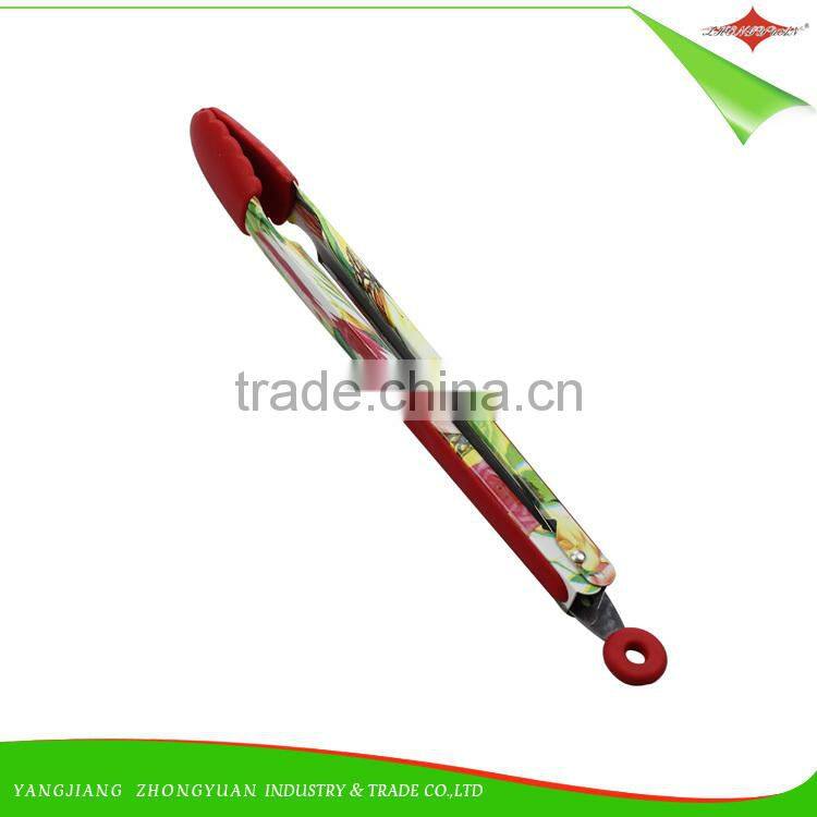 ZY-H2010 graceful design 14-inch BBQ silicone food tong with beautiful flower printed handle