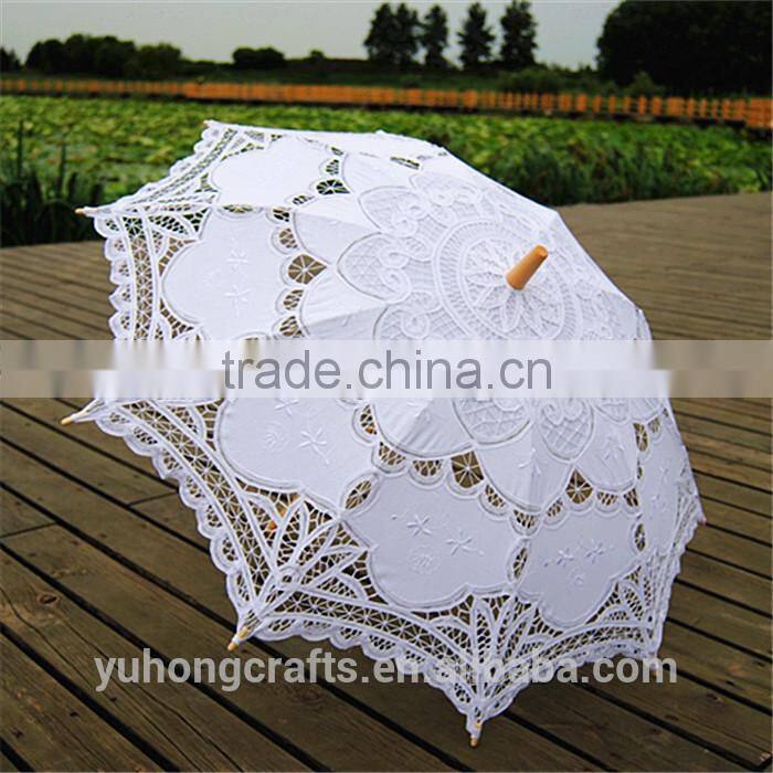 White Battenburg Lace Parasol & Bridal Lace Fan Set For Wedding