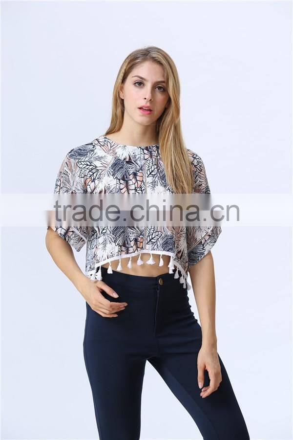 New print leaf print fashion crop tops with tassels hem for women