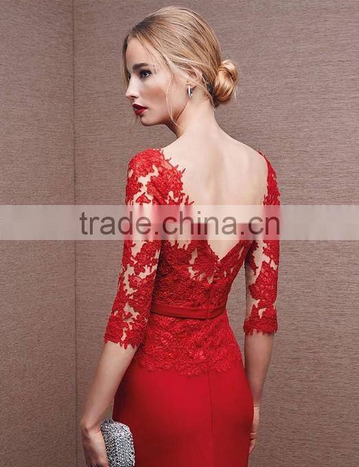 long sleeve nude evening red prom dress with sleeves